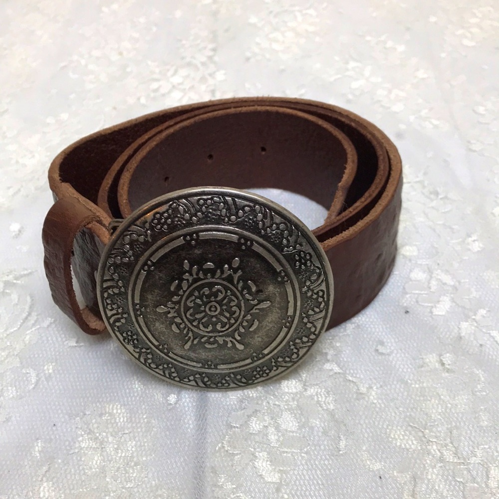 Textured Leather Belt with Heavy Southwestern Buckle